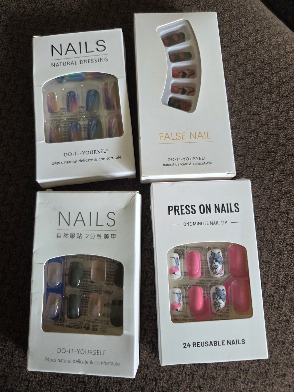 Assorted Press-On Nails - Pink, Multicolor, Blue, Neutral - Pack of 4